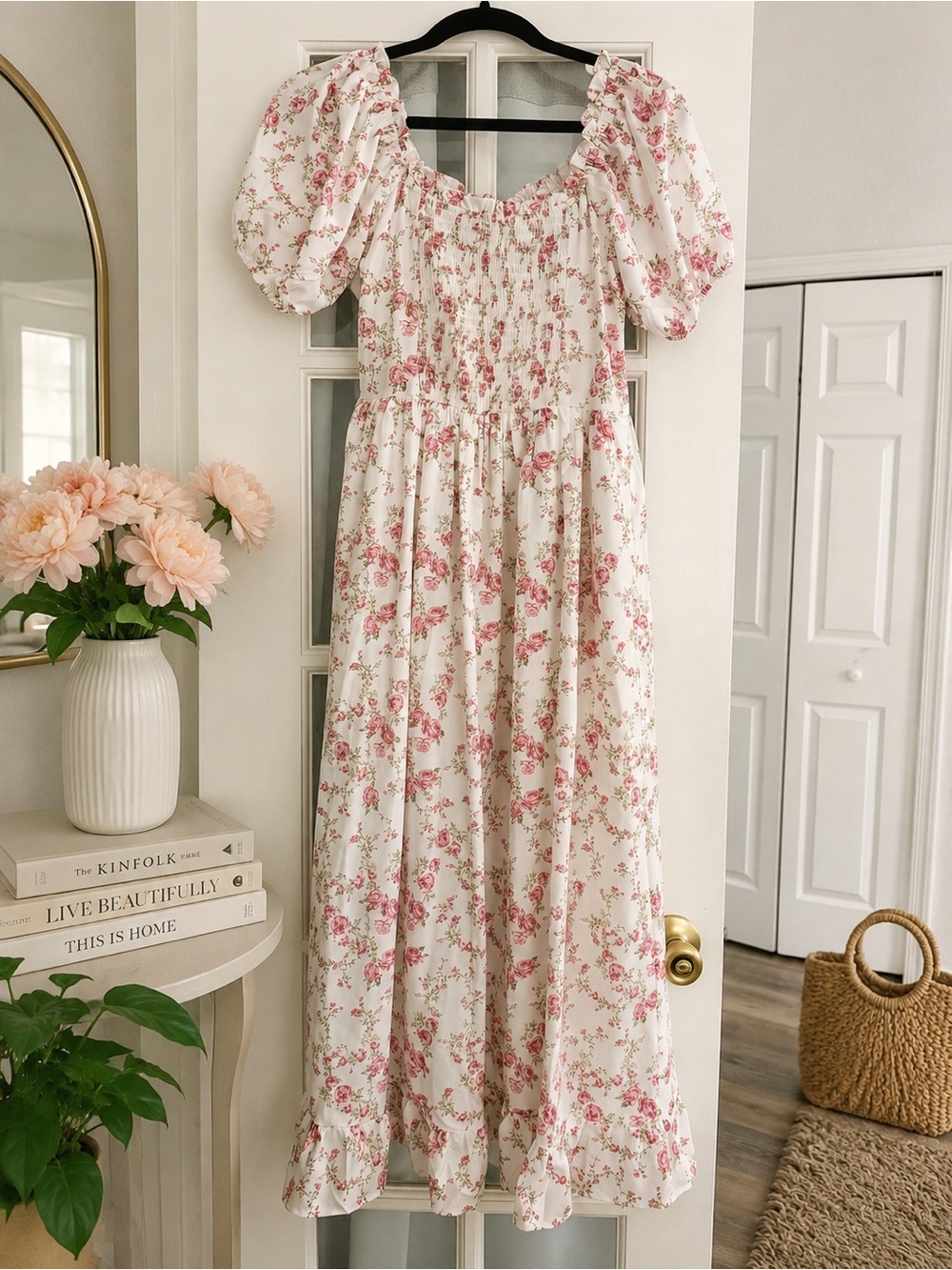 Scarlet Darkness Pink Floral Smocked Puff Sleeve Cottagecore Midi Dress S